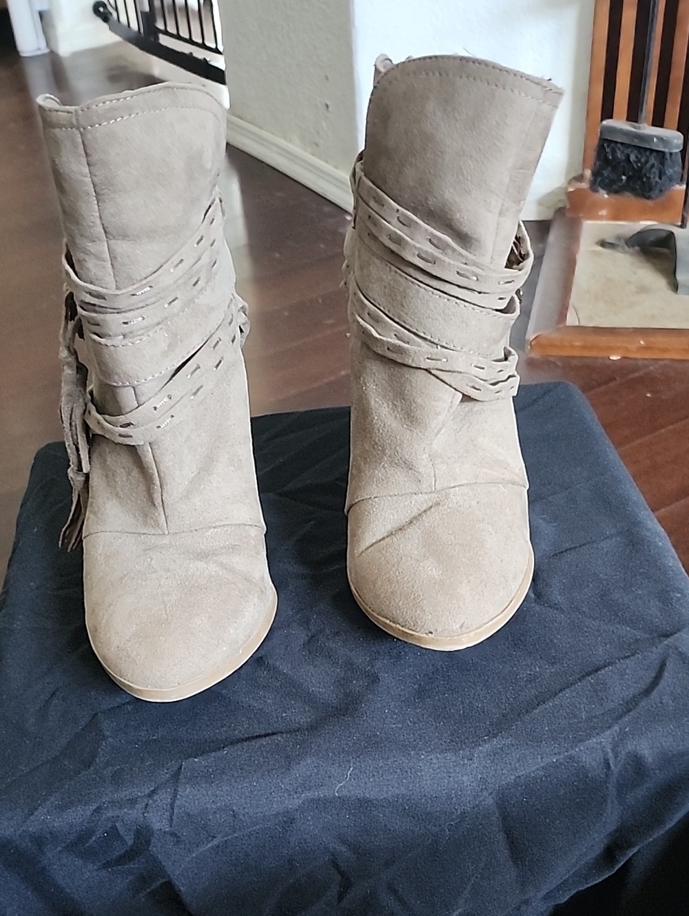 Qupid Taupe Suede Mid-Calf Heeled Boots with Wrap Straps